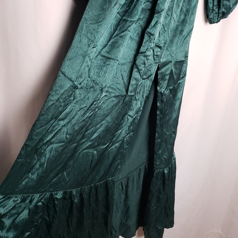 Rahi XS Emerald Green Crinkle Satin Cutout Maxi Dress Puff Sleeve ~No Broche - Picture 4 of 8